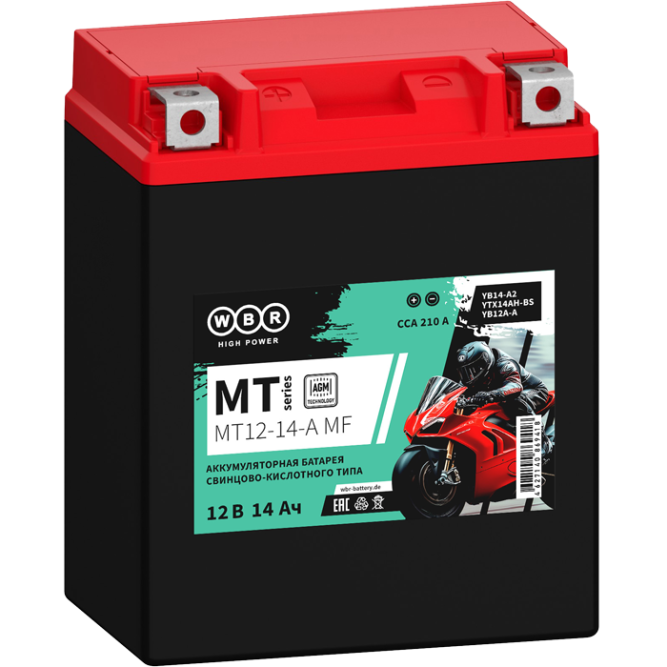 Мото аккумулятор WBR MT12-14-A AGM 14Ah 210А (YTX14AH-BS)