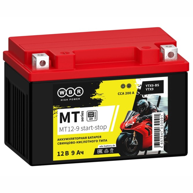 Мото аккумулятор WBR MT12-9 Start-Stop 9Ач 200А (YTX9, YT12A)